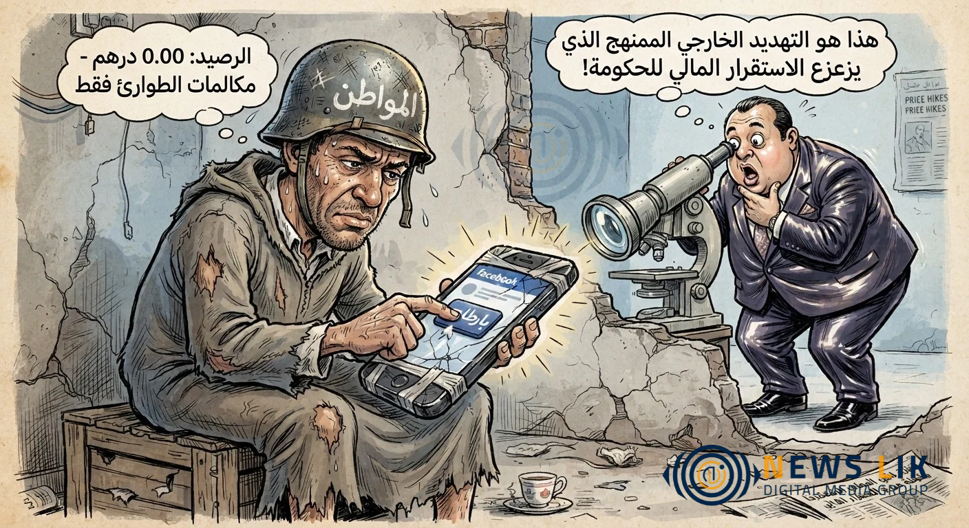 كاريكاتير ساخر حول المواطن والتفاعل على فيسبوك ومراقبة التهديدات الرقمية.