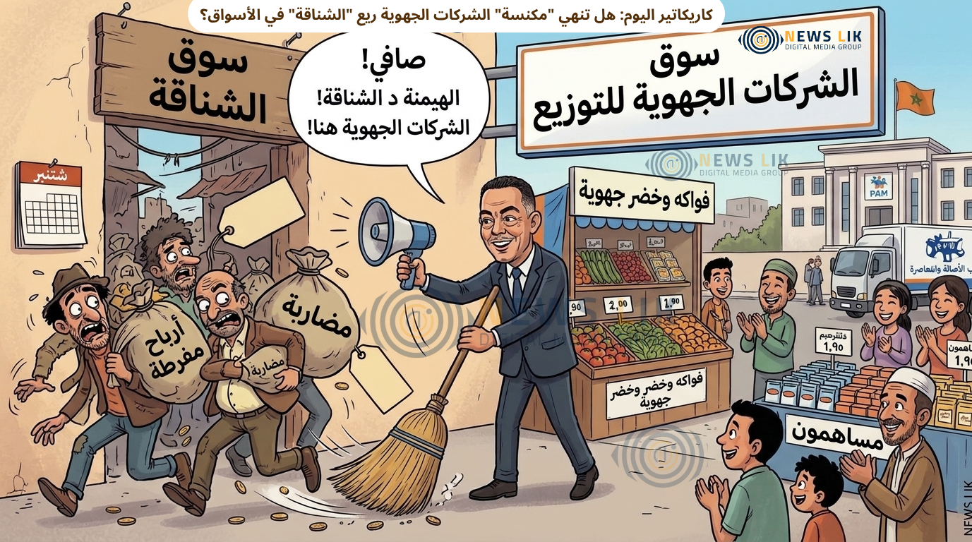 كاريكاتير ساخر حول الشركات الجهوية ودورها المحتمل في الحد من المضاربة والوسطاء في الأسواق المغربية